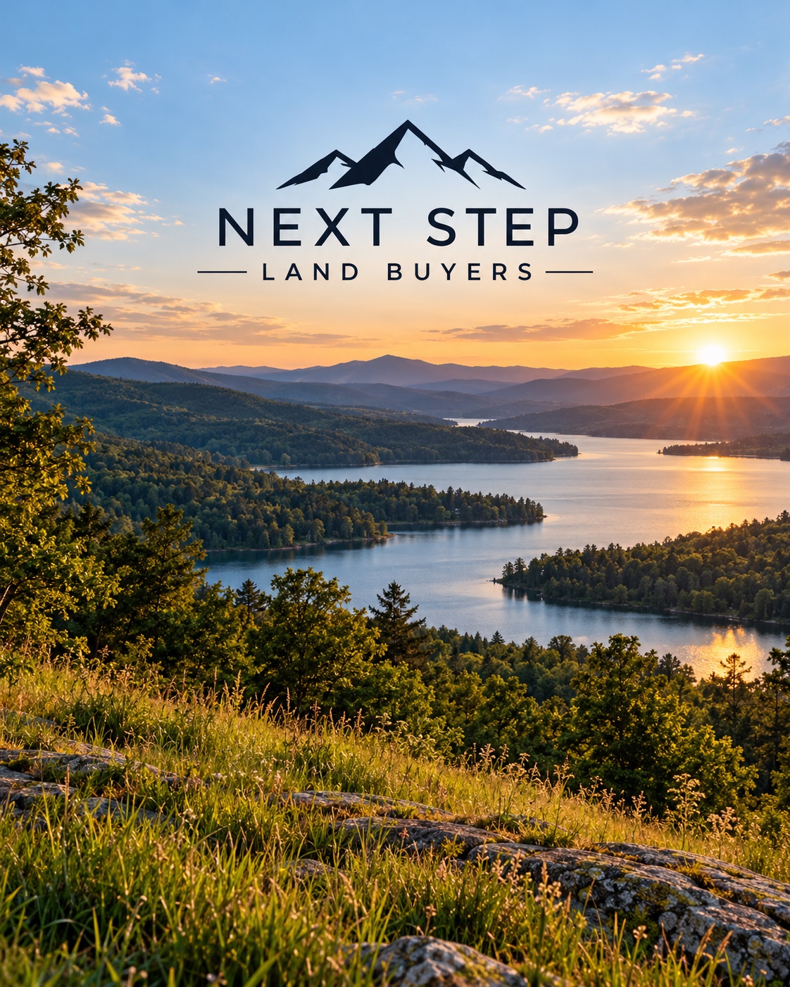 Next Step Land Buyers mountain logo above a scenic lake and wooded hills at sunset — illustrative brand artwork.